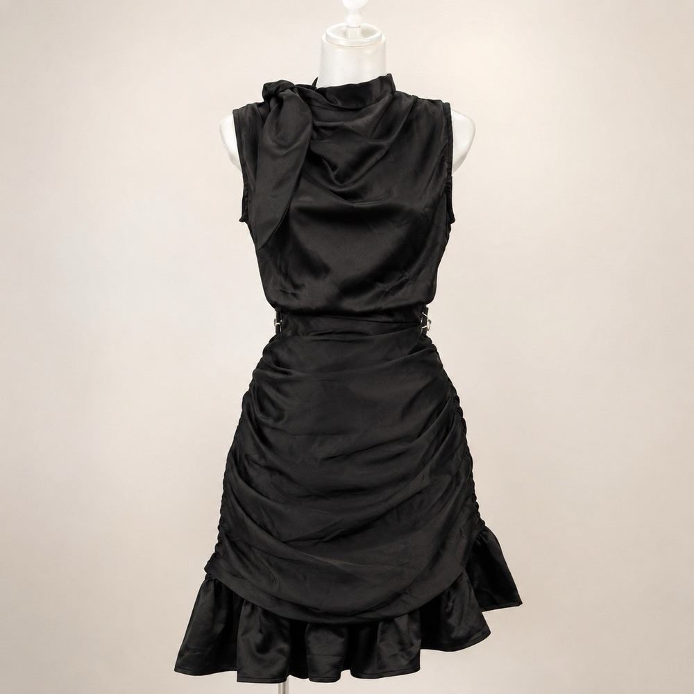 Black Satin Bow Neck Ruched Cocktail Dress Ruffle Hem Wedding Guest Holiday Sz M